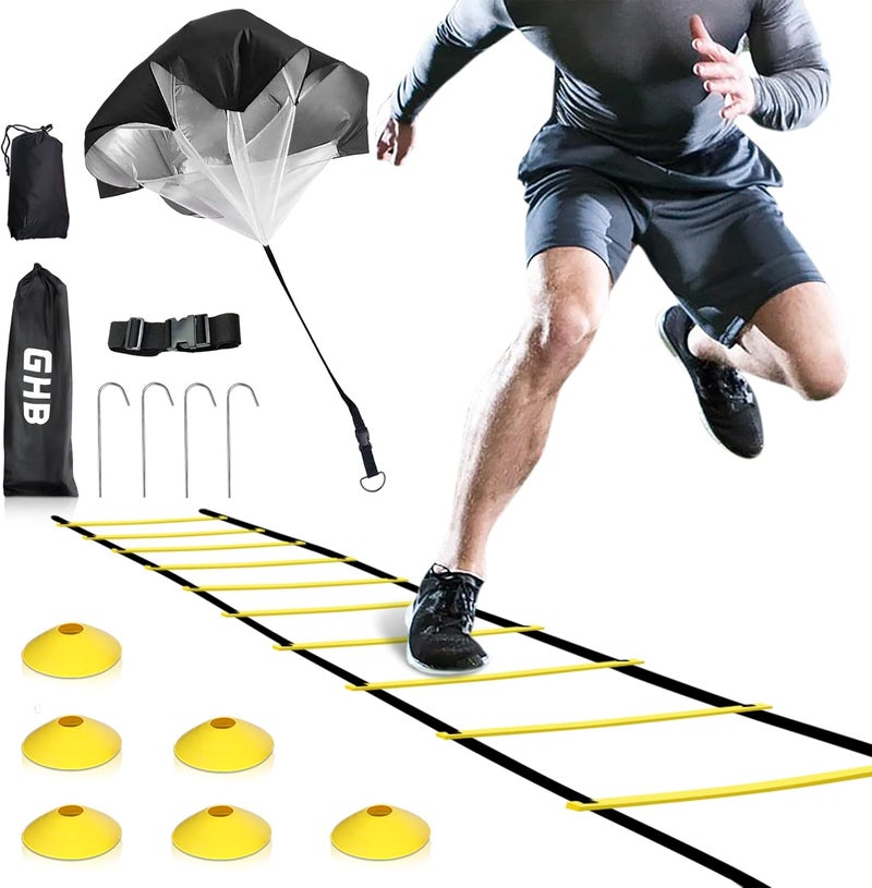 GHB Agility Ladder Speed Training Ladder Workout Ladder with 6 or 10 Cones 12 Rung 20ft with Resistance Parachute - Image 1